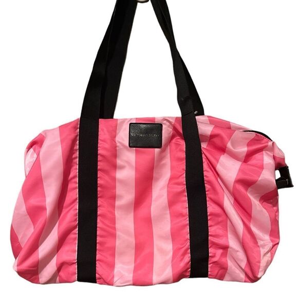 Victoria’s Secret Pink Signature Tote Hot Pink Light Pink Stripes Duffle Gym Bag - Picture 1 of 8
